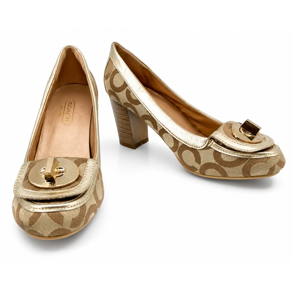 Coach Cybel Womens Slide On Pumps Size 8M Gold Signature Logo Canvas Print